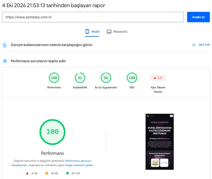 AS Medya PageSpeed Insights mobile report: performance 100, 4 October 2026