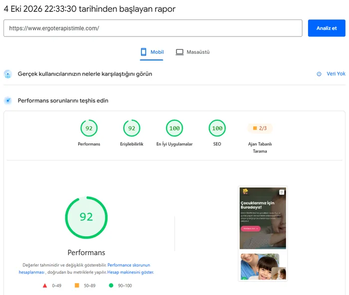 Ergoterapistimle PageSpeed Insights mobile report: performance 92, 4 October 2026