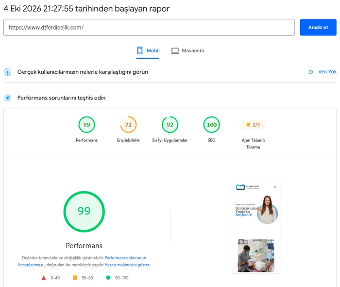 Dt. Ferdi Çelik PageSpeed Insights mobile report: performance 99, 4 October 2026